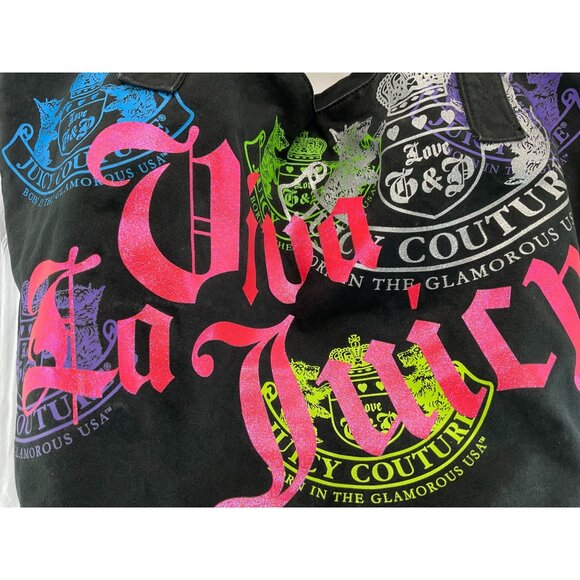 Juicy Couture Black Canvas Viva La Juicy Tote Bag With Multicolor Print` - Picture 2 of 8